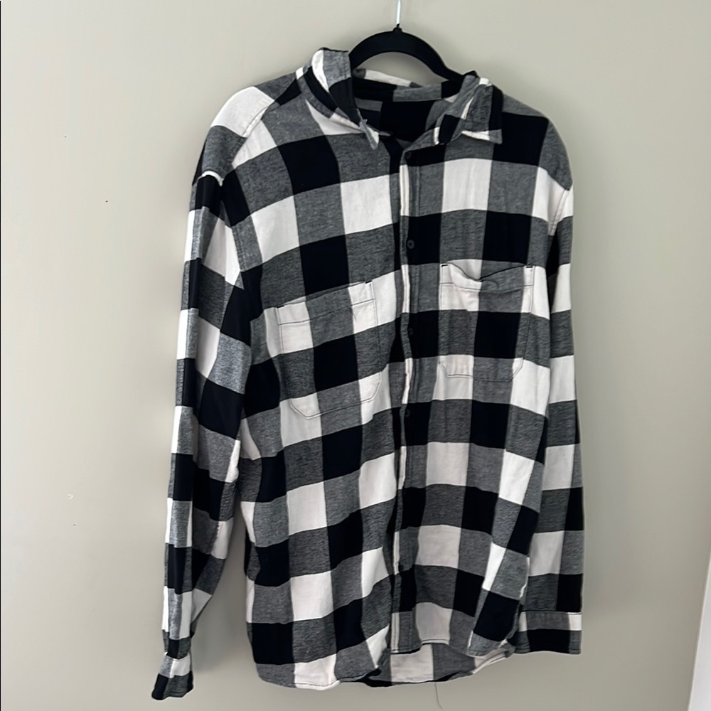 H&M Regular Fit Buffalo Plaid Hooded Flannel Shirt XL Black White